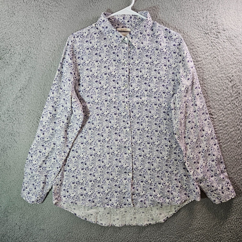 Cynthia Rowley 100% Linen Shirt Women Large Floral‎ Long Sleeve Purple White